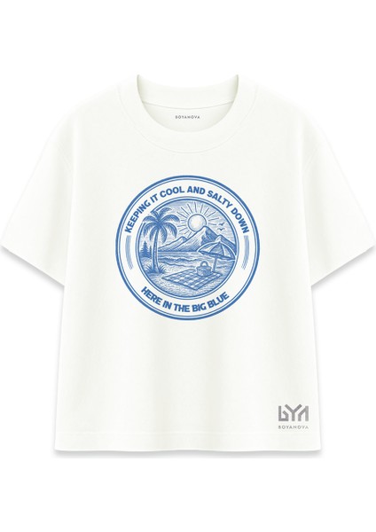 Big Blue Manzara Yuvarlak Logo Ekru Oversize Tişört
