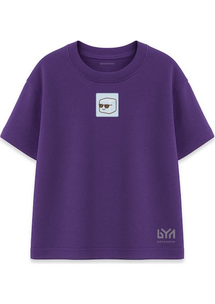 Gözlüklü Buz Küpü Illüstrasyonlu Mor Oversize Tişört