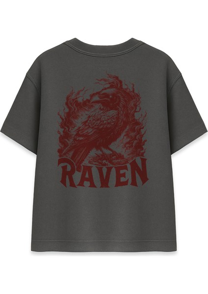 Kırmızı Kuzgun RAVEN Baskılı Füme Oversize Tişört