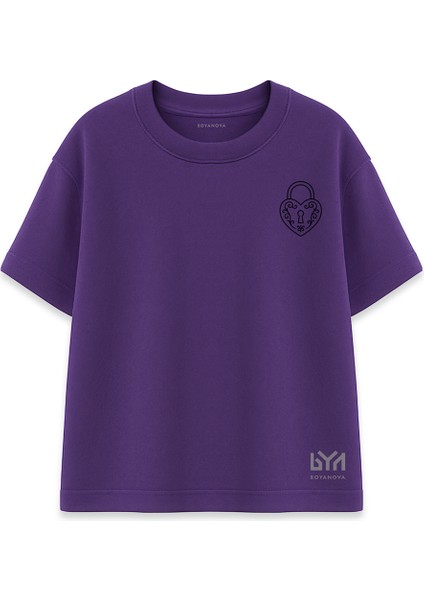 Kilitli Kalp Minimal Baskılı Mor Oversize Tişört