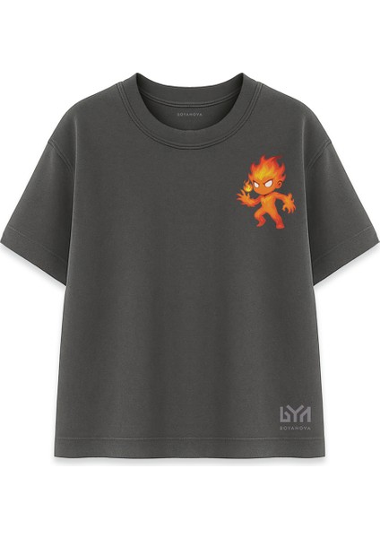 Ateş Karakter Baskılı Cep Detaylı Füme Oversize Tişört