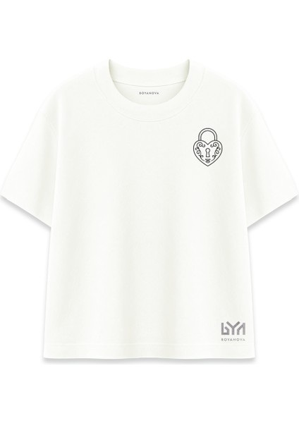 Kilitli Kalp Minimal Baskılı Ekru Oversize Tişört