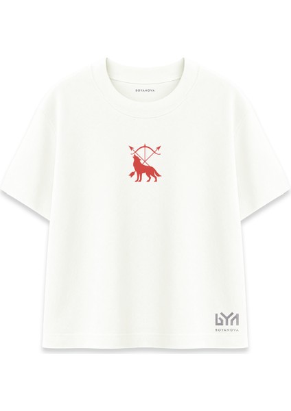 Kırmızı Yay ve Ok Temalı Bozkurt Silueti Ekru Oversize Tişört