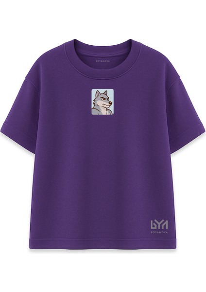 Gururlu Kurt Karakter Baskılı Mor Oversize Tişört