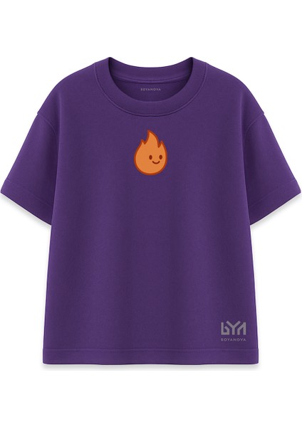 Gülümseyen Alev Damlası Karakterli Mor Oversize Tişört