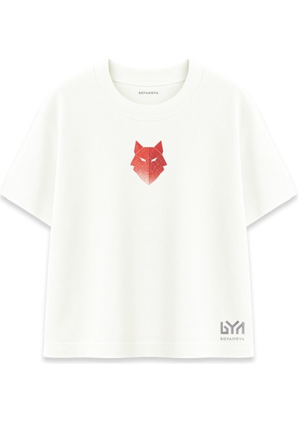 Geometrik Kırmızı Bozkurt Kafası Ekru Oversize Tişört