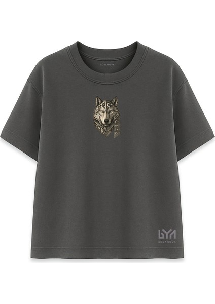 Etnik Desenli Bozkurt Portre Füme Oversize Tişört