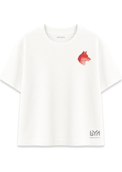 Geometrik Yan Bozkurt Kafası Beyaz Oversize Tişört