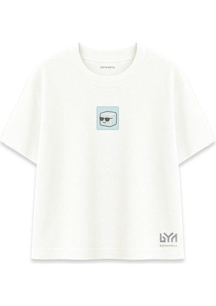 Gözlüklü Buz Küpü Illüstrasyonlu Ekru Oversize Tişört