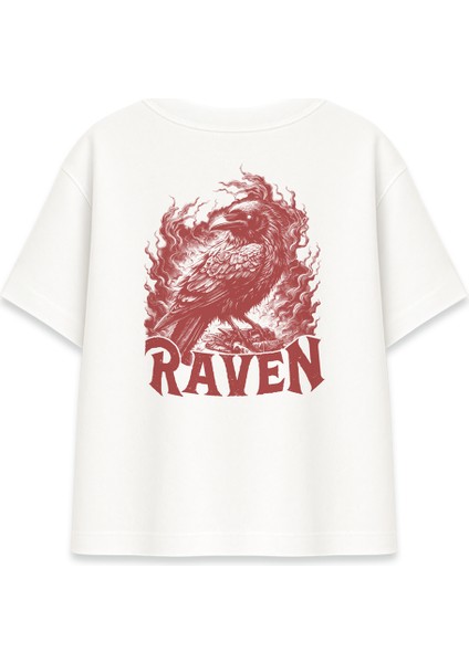 Kırmızı Kuzgun RAVEN Baskılı Beyaz Oversize Tişört