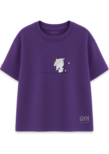 Nilüfer Şapkalı Tavşan Baskılı Mor Oversize Tişört
