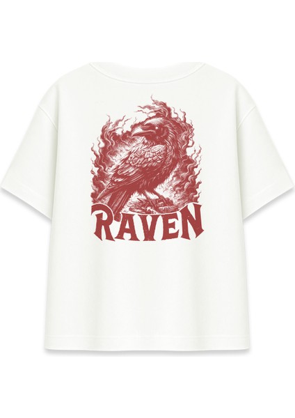 Kırmızı Kuzgun RAVEN Baskılı Ekru Oversize Tişört