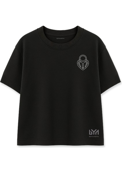 Kilitli Kalp Minimal Baskılı Siyah Oversize Tişört