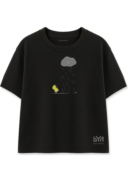 Çocuk Düşü Yağmur Bulutu Baskılı Siyah Oversize Tişört