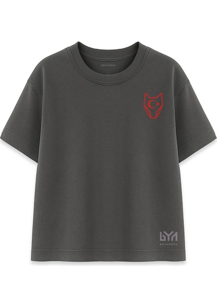 Hilalli Bozkurt Maskesi Minimal Füme Oversize Tişört