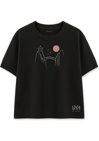 Doğuda Gün Doğumu Illüstrasyonlu Siyah Oversize Tişört