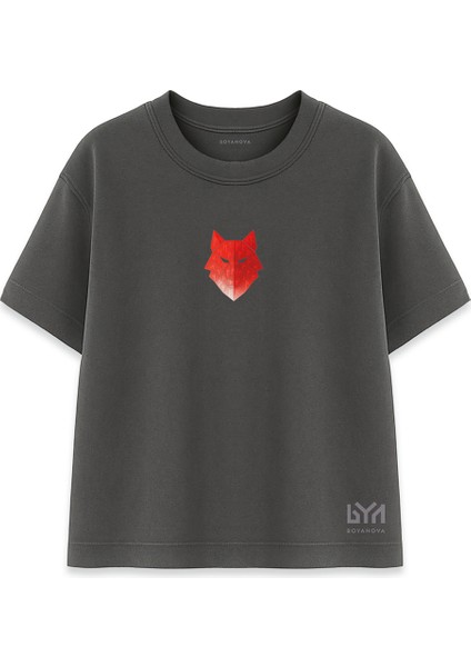 Geometrik Kırmızı Bozkurt Kafası Füme Oversize Tişört