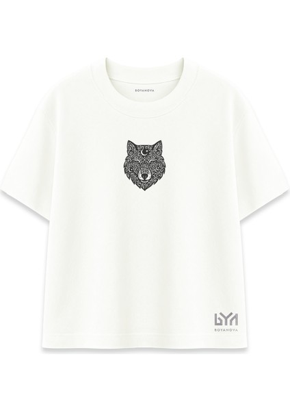 Dekoratif Hilalli Bozkurt Sembolü Ekru Oversize Tişört