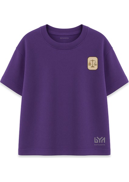 Denge ve Adalet Illüstrasyonlu Mor Oversize Tişört