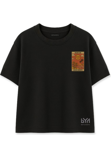 Golden Moments Cep Baskılı Güneş Temalı Siyah Oversize Tişört