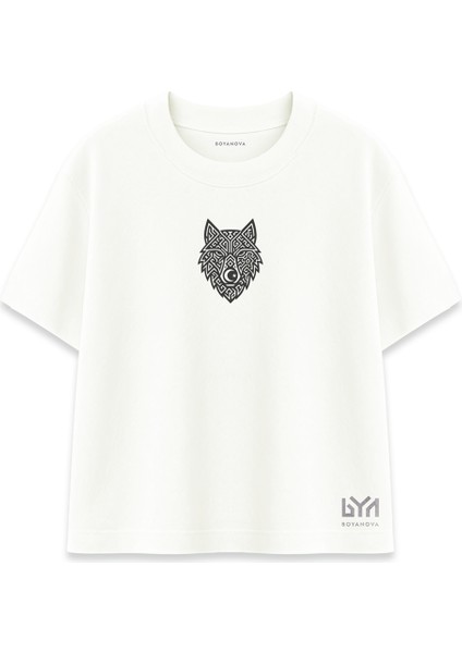 Göktürk Motifli Gümüş Bozkurt Kafası Ekru Oversize Tişört
