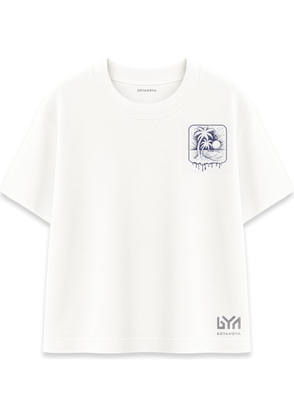 Mavi Palmiye Gün Batımı Baskılı Oversize Beyaz Tişört