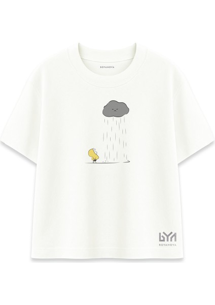 Çocuk Düşü Yağmur Bulutu Baskılı Ekru Oversize Tişört