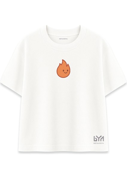 Gülümseyen Alev Damlası Karakterli Beyaz Oversize Tişört
