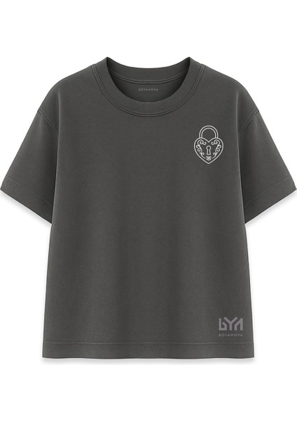 Kilitli Kalp Minimal Baskılı Füme Oversize Tişört