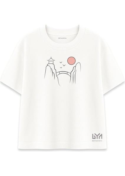 Doğuda Gün Doğumu Illüstrasyonlu Beyaz Oversize Tişört