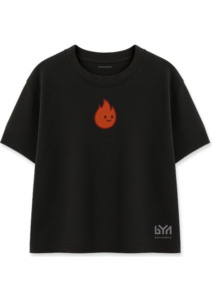Gülümseyen Alev Damlası Karakterli Siyah Oversize Tişört