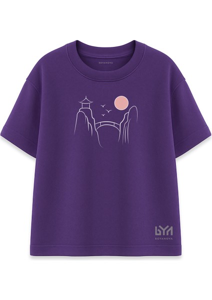 Doğuda Gün Doğumu Illüstrasyonlu Mor Oversize Tişört