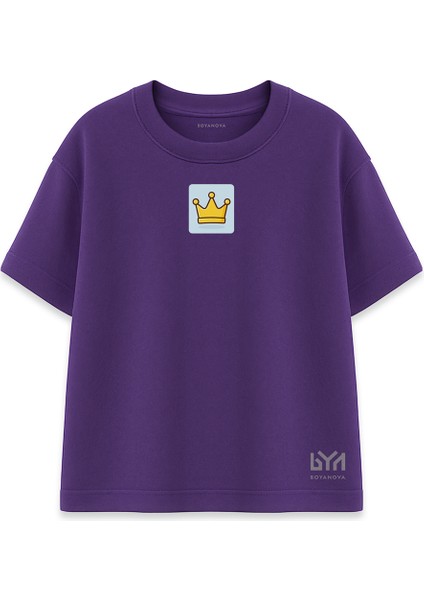 Sarı Taç Figürlü Unisex Mor Oversize Tişört