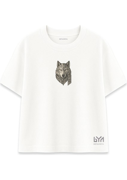 Etnik Desenli Bozkurt Portre Beyaz Oversize Tişört