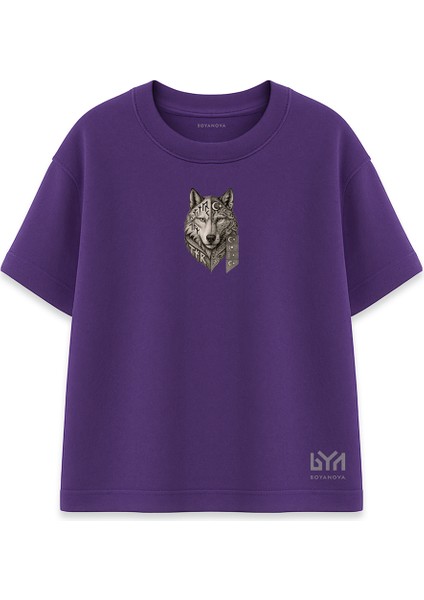 Etnik Desenli Bozkurt Portre Mor Oversize Tişört