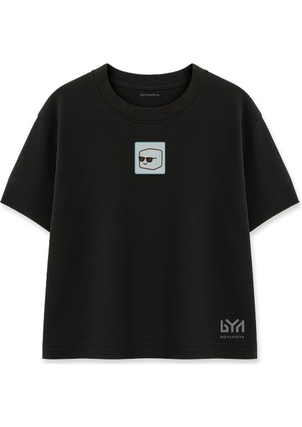 Gözlüklü Buz Küpü Illüstrasyonlu Siyah Oversize Tişört