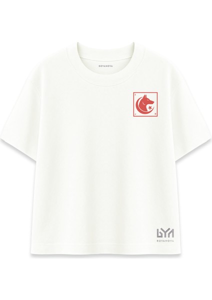 Hilalli Kırmızı Bozkurt Çerçeve Logolu Ekru Oversize Tişört