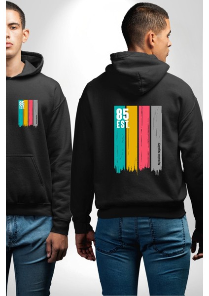 85 Est. Baskılı Renkli ve Enerjik Sokak Modası Siyah Kapüşonlu Sweatshirt Kadın Erkek Ön Minimal Sırt Baskılı