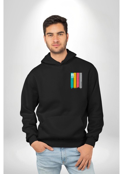 85 Est. Baskılı Renkli ve Enerjik Sokak Modası Siyah Kapüşonlu Sweatshirt Kadın Erkek Ön Minimal Sırt Baskılı modelleri