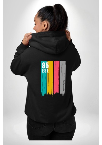 85 Est. Baskılı Renkli ve Enerjik Sokak Modası Siyah Kapüşonlu Sweatshirt Kadın Erkek Ön Minimal Sırt Baskılı indirimleri