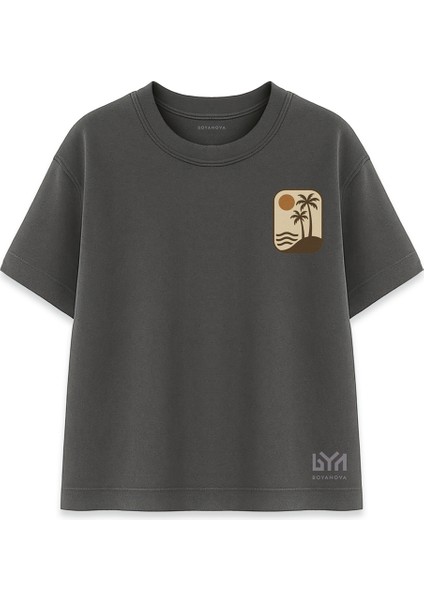 Palmiye Gün Batımı Baskılı Füme Oversize Tişört