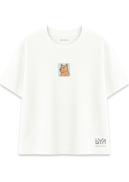 Sevimli Shiba Köpek Figürlü Ekru Oversize Tişört