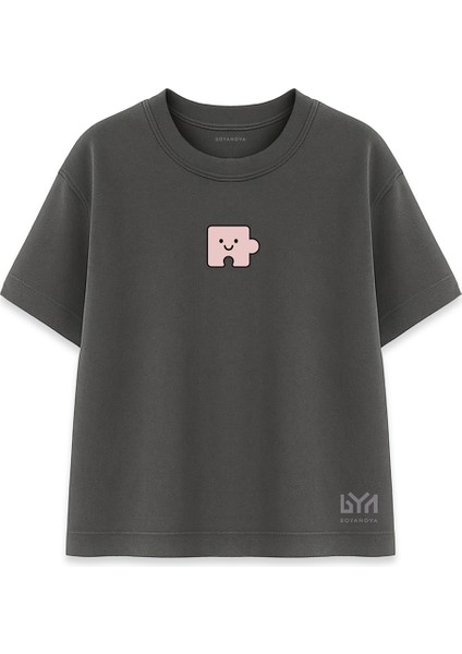 Pembe Yapboz Parçası Karakterli Füme Oversize Tişört