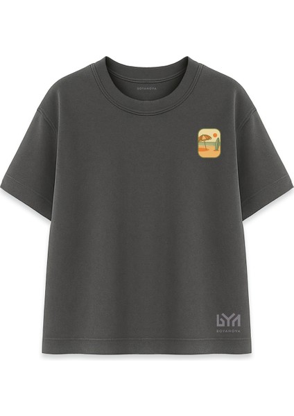 Sahil Gün Batımı Illüstrasyonlu Füme Oversize Tişört