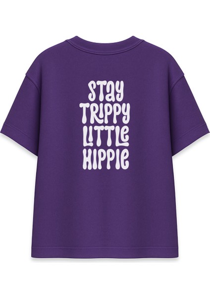 Stay Trippy Little Hippie Kadın Oversize Mor Tişört