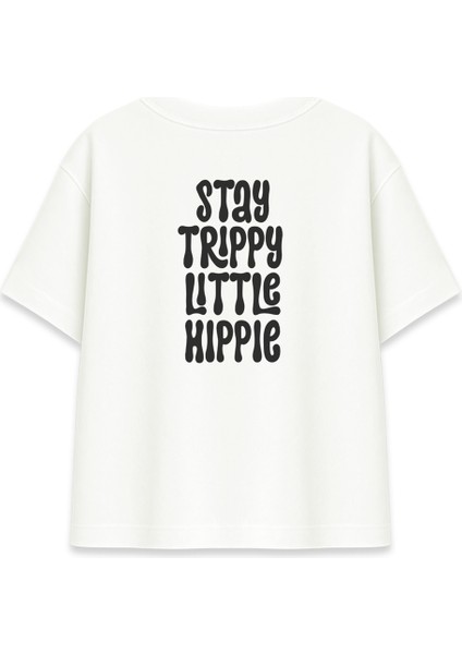 Stay Trippy Little Hippie Kadın Oversize Ekru Tişört