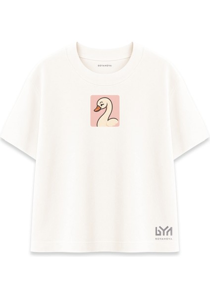 Zarif Kuğu Illüstrasyonlu Minimal Tasarımlı Şeker Oversize Tişört