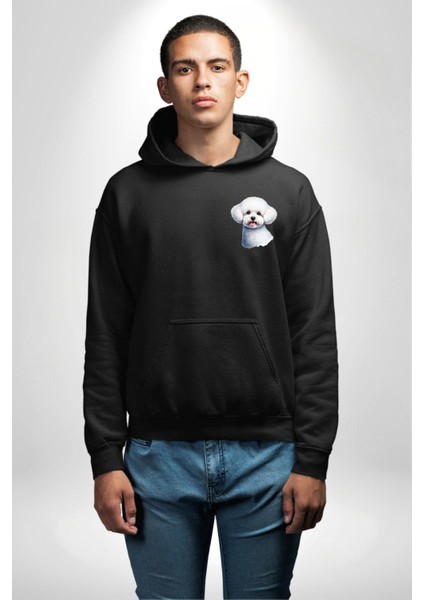 Bichon Frise Siyah Tatlı Küçük Irk Köpek Siyah Kapüşonlu Sweatshirt Kadın Erkek Ön Minimal Sırt Baskılı fiyatları