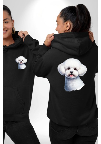 Bichon Frise Siyah Tatlı Küçük Irk Köpek Siyah Kapüşonlu Sweatshirt Kadın Erkek Ön Minimal Sırt Baskılı fırsatları