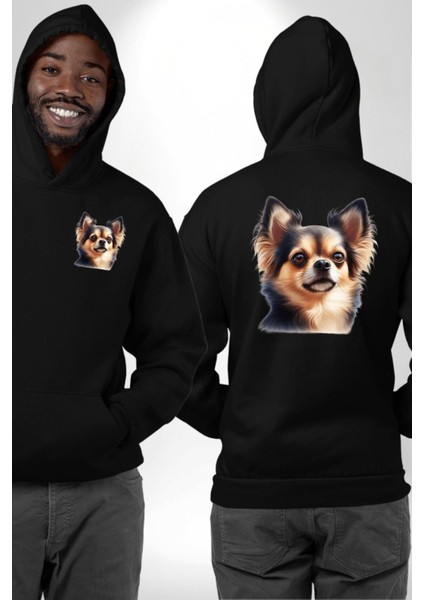 Sevimli Chihuahua Küçük Irk Köpek Siyah Kapüşonlu Sweatshirt Kadın Erkek Ön Minimal Sırt Baskılı